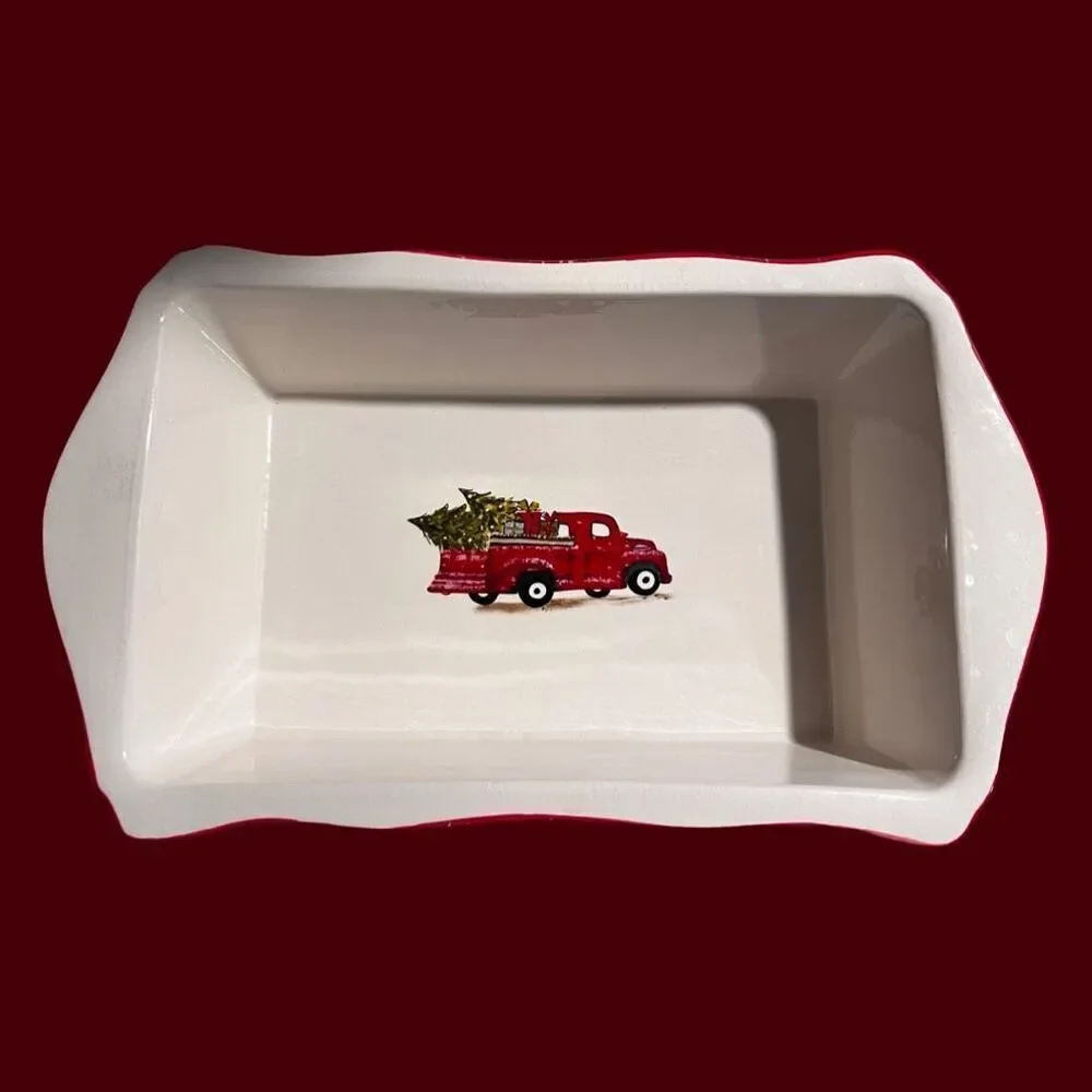 Vintage Grace Bake Shop Holiday Red Truck Christmas Tree Plaid Casserole Dish